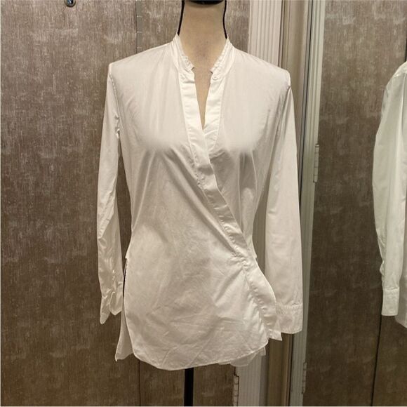 Helmut Lang Cream Asymmetrical Wrap Blouse with Mandarin Collar, XS - Picture 2 of 9